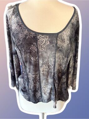Cato Brand Grey Paisley Grunge Fairy Whimsigoth Scoop Neck Long Sleeve Top Sz L